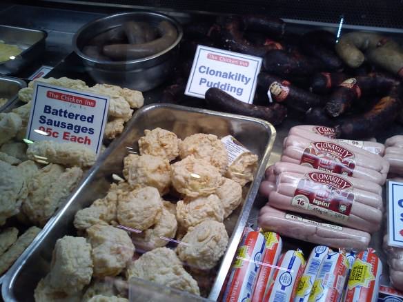 Irish pudding and battered sausages at the English Market in Cork