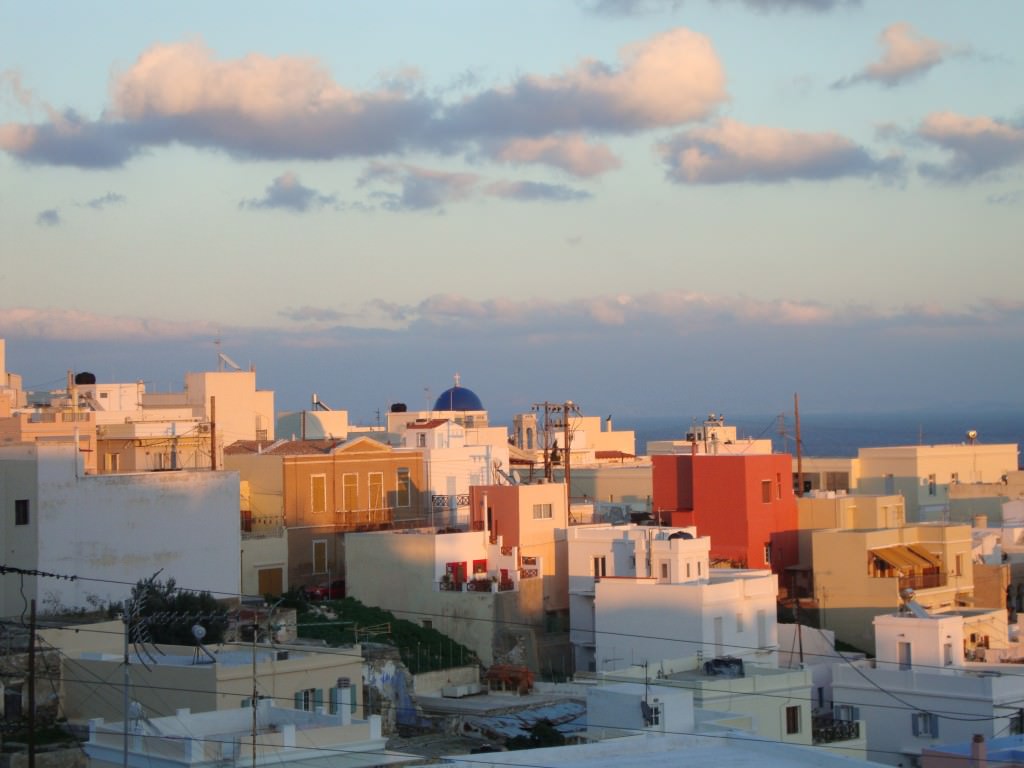 Sunset on the capital town of Syros, best greek cyclades island