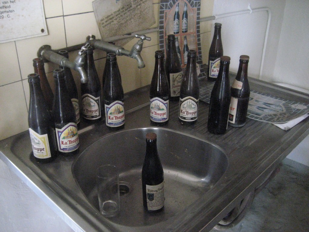 Old La Trappe bottles on display in the brewery of the monastery