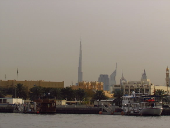 Dubai water taxi from Deira, with view of Burj Khalifa, the world's tallest building