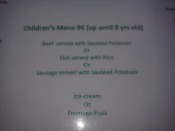 Children's menu at a French restaurant