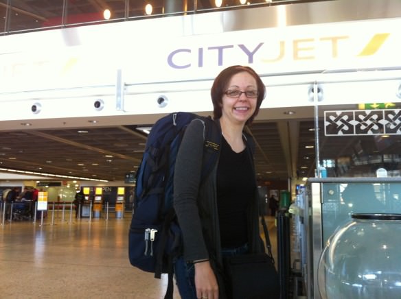 Bell at the airport with her Backpack