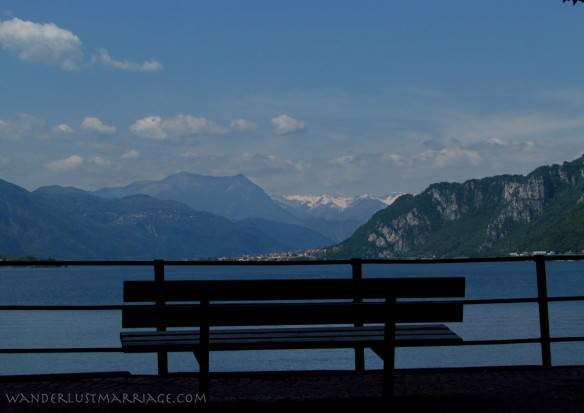 Lake Como vista from Lecco with snow capped mountains