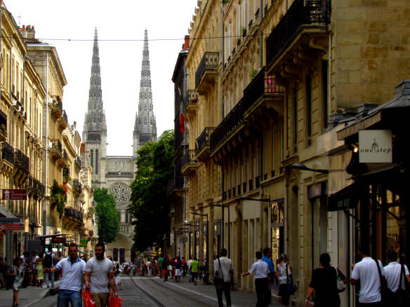 Street in Bordeaux, France with Cathedral in the backdrop