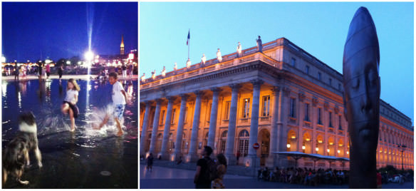  Children and a dog playing in the Miroir d'eau (Water Mirror) in Bordeaux, France in summer