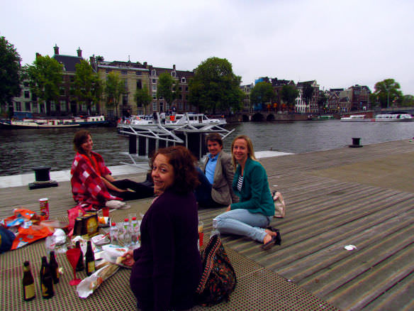 Picnic with old friends at Amsterdam's Hermitage museum boat dock.