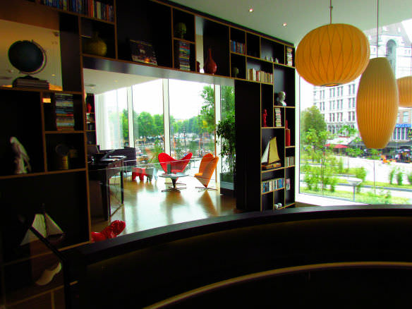 The lobby of the modern CitizenM hotel, with a view of Rotterdam's Oude Haven. 