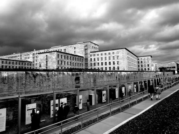 Berlin's former Luftwaffe (Nazi Air Force headquarters) behind a remaining section of the Berlin Wall