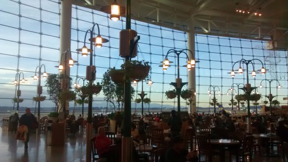 Seattle-Tacoma airport has a beautiful food court dining area. The only plus of being stuck was the lovely view.