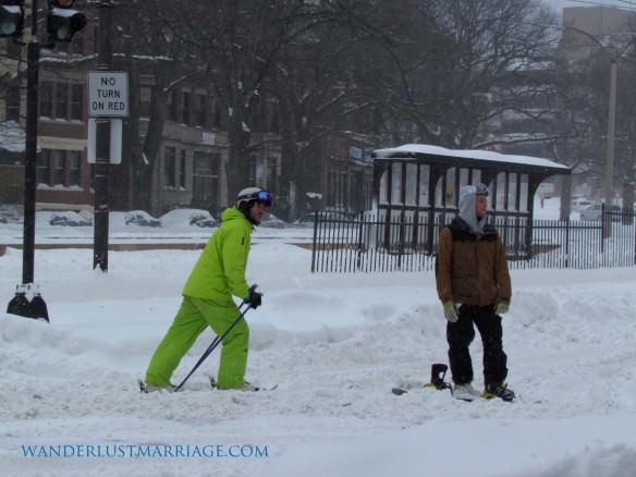 Skiers on Comm Ave, Boston