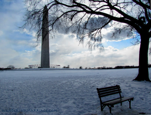 Washington Monument with snow