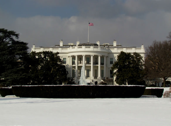 The White House lawn covered in snow