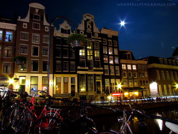 Amsterdam at Night with the Moon