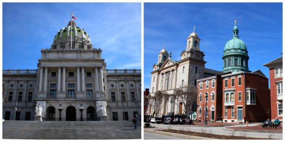 Downtown Harrisburg, Pennsylvania. Pennsylvania State Capitol Building pictured on the left. 