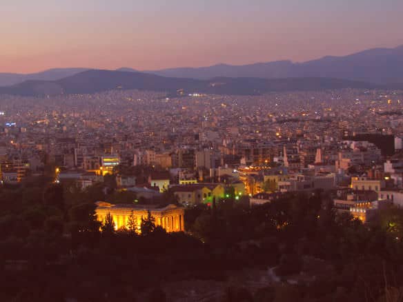 sunset over Athens, including the Temple of Hephaestus