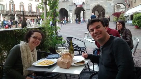 Alex and Bell enjoying lunch in a piazza in the Città Alta, upper district of Bergamo 