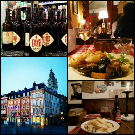 Collage of Lille, France Grand Place, food, wine and French beer