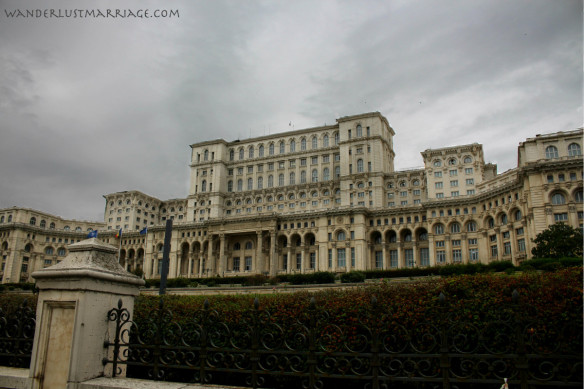 Exterior shot of the front of the Palace of Parliament in Bucharest