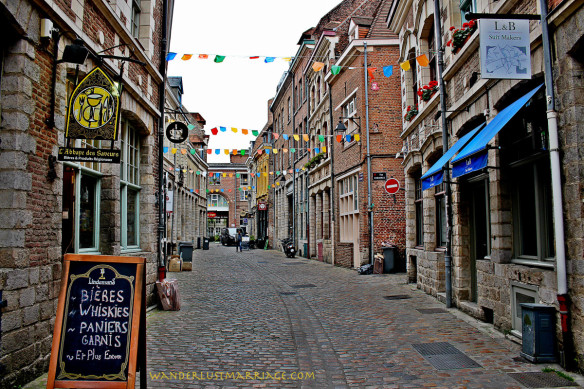 A charming street in Lille, France lined with bars and restaurants 