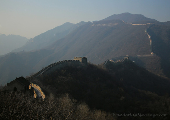 The Great Wall of China twisting into the mountains in the Mutianyu section