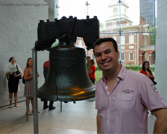 Alex Kallimanis standing in front of the Liberty Bell, Philadelphia