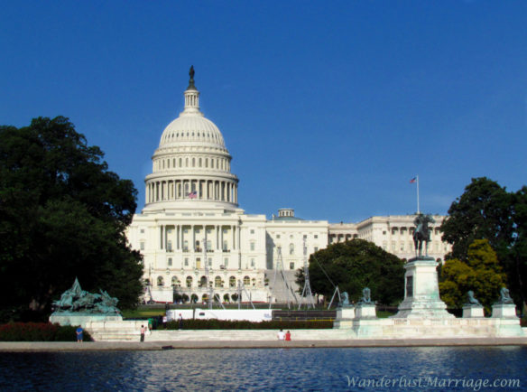 Capitol Hill with bright blue skies above Washington, DC