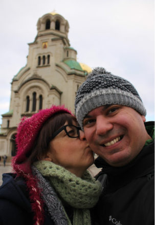 Bell kissing Alex in front of the Alexander Nevsky Cathedral in Sofia, Bulgaria