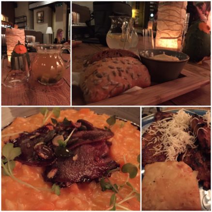 Collage of food from the restaurant Flamender, including risotto and fresh bread