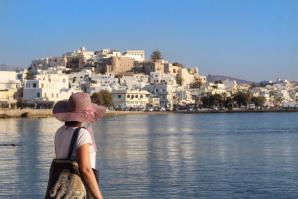 Bell looking away at Naxos Chora from the Temple of Apollo