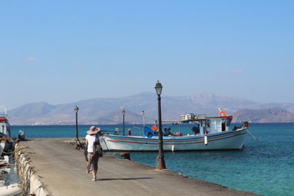 Bell walking along the marina in the town of Agia Anna in Naxos, Greece