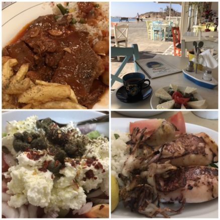 Collage of Greek foods on Naxos including squid, salad and cheese