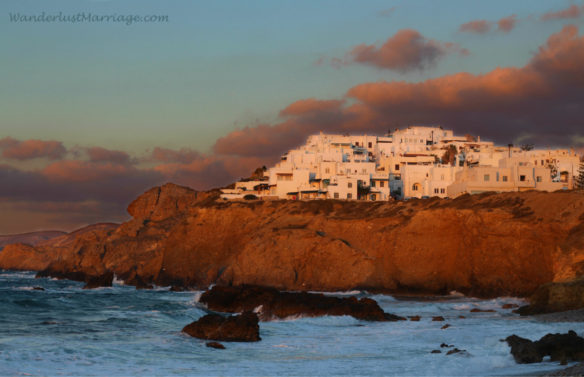 Village on Naxos island with the sea at sunset