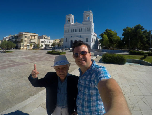 Alex and his Dad out the front of St. Nicholas Church in Prygos, Ilias