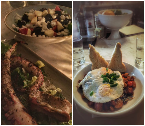 grilled octopus, Greek salad, and fried eggs over potatoes for brunch at Stella's in Charleston, South Carolina