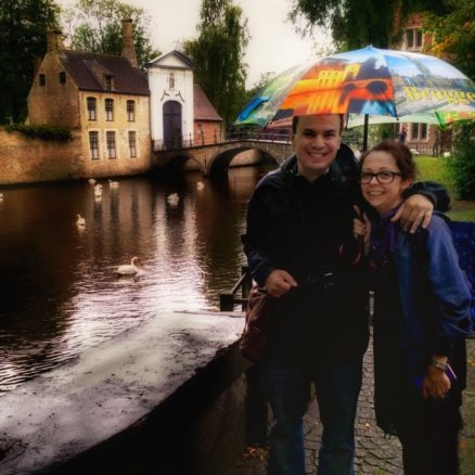 Brugge, Belgium, Alex and Bell and some swans in the rain