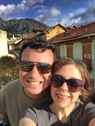 Selfie of Alex and Bell with Andes Mountains in the background