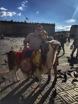 Alex & Bell with a Llama in Bogota's Bolivar Square