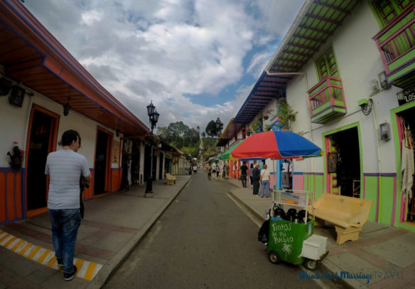 Colorful shopping street with stands in Salento, Colombia