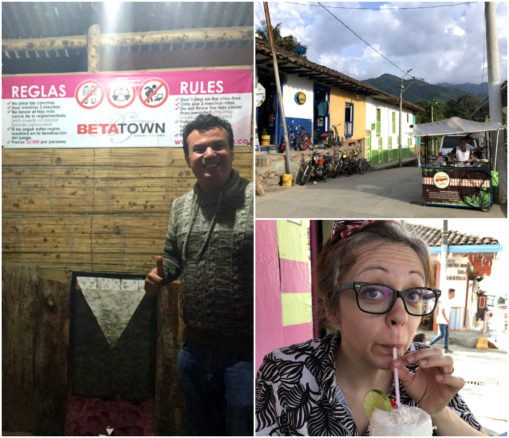 Collage of around Selento, Alex at Betatown, Bell drinking a coconut drink and a stand selling drinks