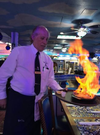 Saganaki, flaming Greek halloumi cheese at Hellas in Tarpon Springs