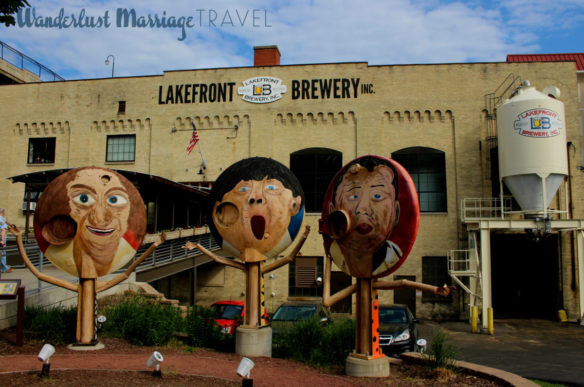 photo of three statues and a beer vat out the front of Lakefront Brewery in Milwaukee, Wisconsin