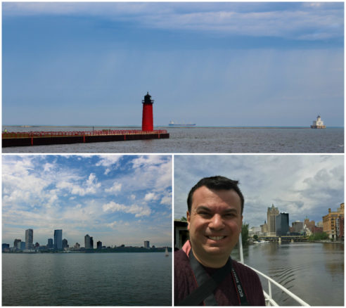 photos on the MKE Boat Line on Lake Michigan including the Milwaukee skyline and a red lighthouse 