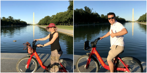 Alex and Bell biking with Capital Bikeshare bikes on the National Mall