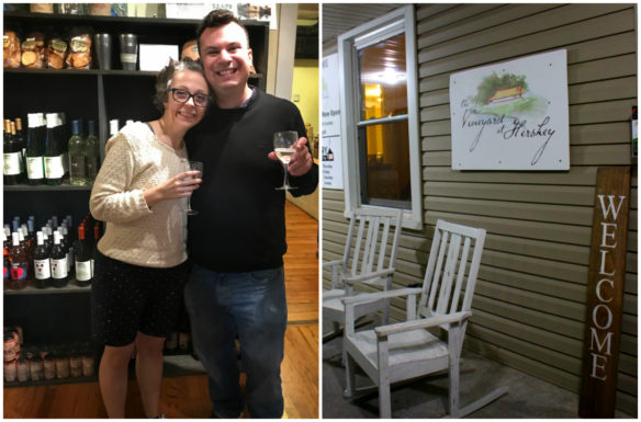 Alex and Bell of Wanderlust Marriage Travel wine tasting at the Vineyard and Brewery at Hershey, Pennsylvania