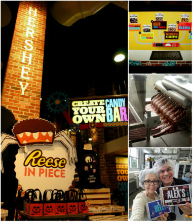 a collage of experience at Hershey's Chocolate World including the Candy Bar Making Experience