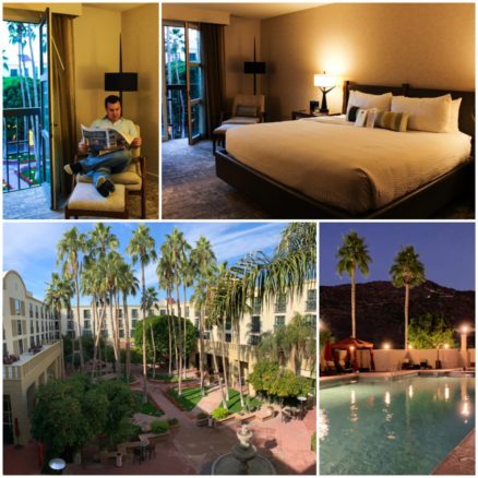 Collage of Mission Palms hotel room, pool and courtyard in Tempe 