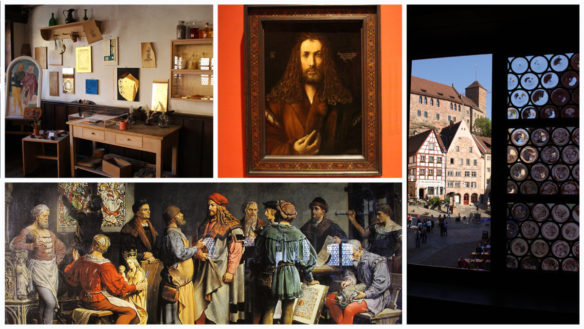 A collage of images from inside the Albrect Durer House in Nuremberg, Germany including Durer portraits and his studio