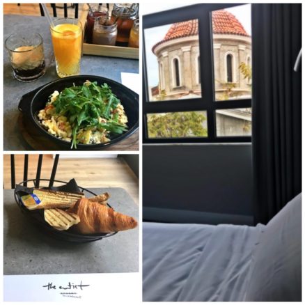 A delicious breakfast at the Artist Athens, consisting of Greek omelet, fresh squeezed orange juice, latte & bread basket with croissants. Also pictured is a Byzantine church view from the third floor bedroom.  