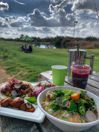 A delicious lunch with juice and a carafe of coffee at Singh Meadows in Tempe, Arizona