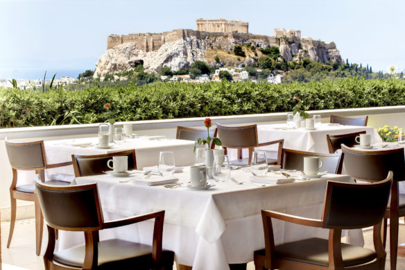 view of the Acropolis from the Grand Bretagne Hotel in Athens